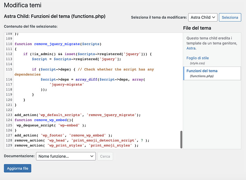 Come modificare il file Funzioni del tema functions.php